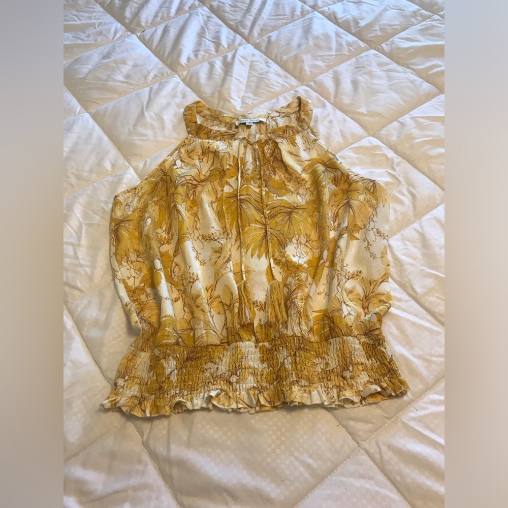 Rose + Olive Yellow and White Tropical Print Top.